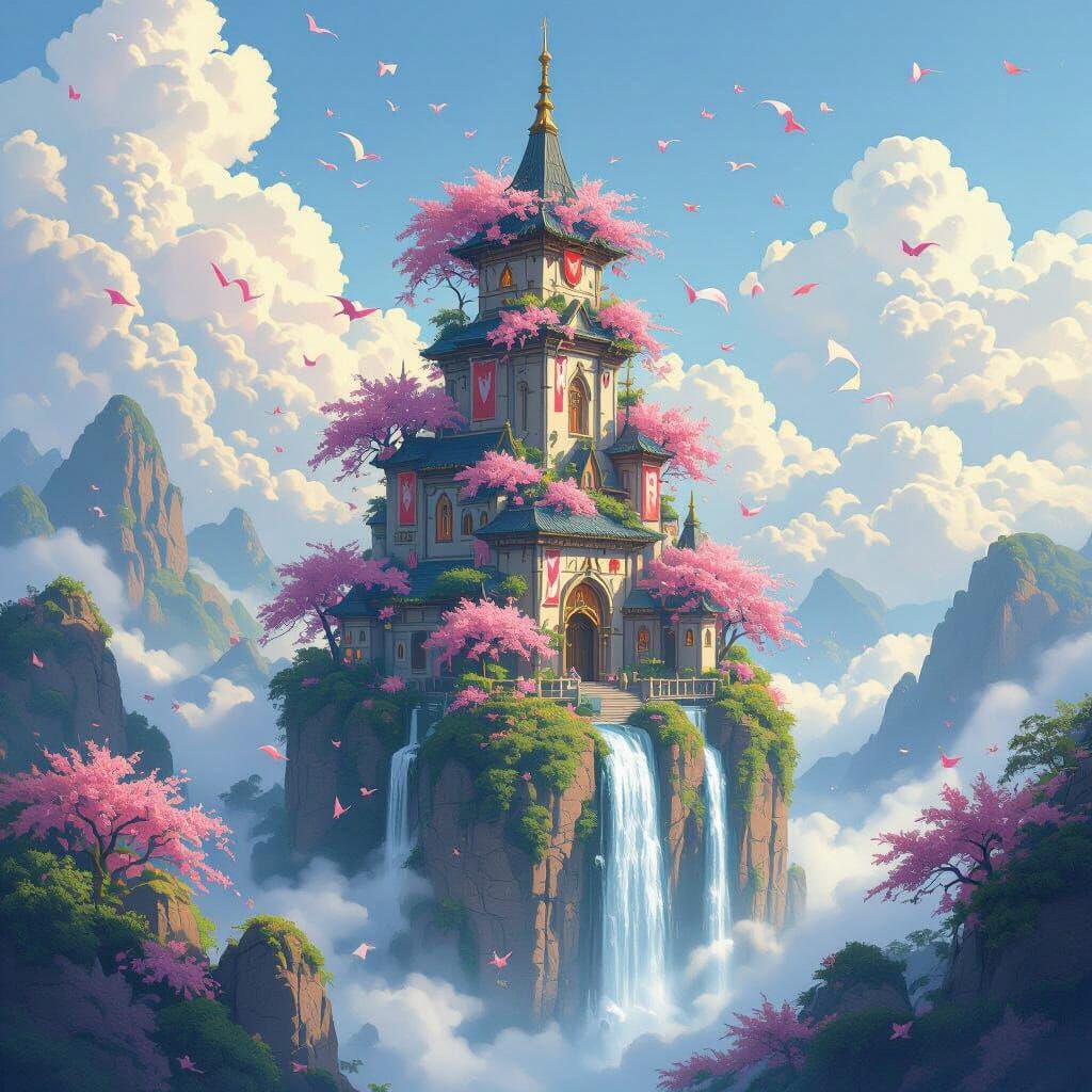 Whimsical Spire Fortress with Cascading Waterfalls and Bloss...