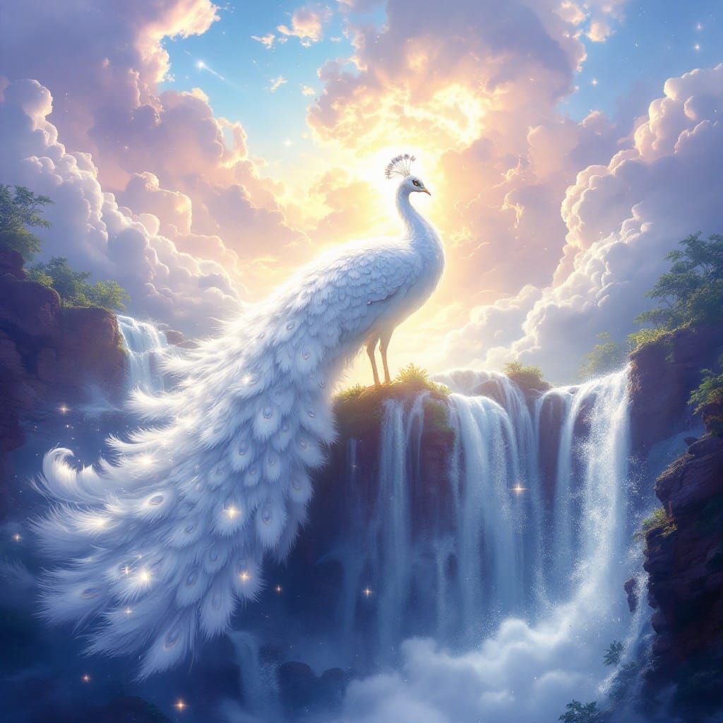 Ethereal White Peacock in Celestial Clouds and Waterfalls