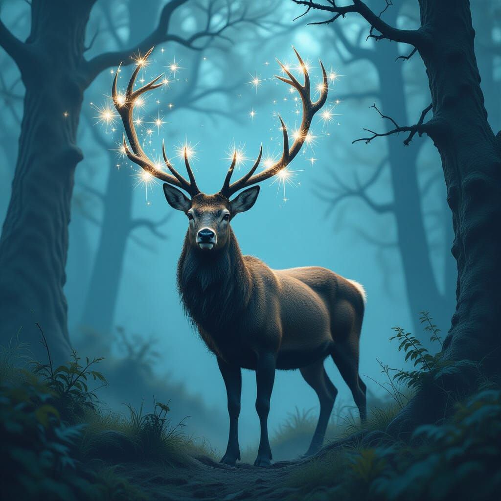 Majestic Stag with Celestial Antlers in Cosmic Forest