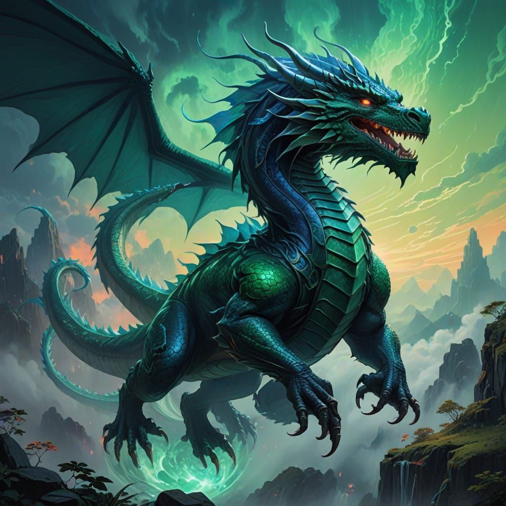 Dragon in Ethereal Flight with Emerald and Sapphire Scales