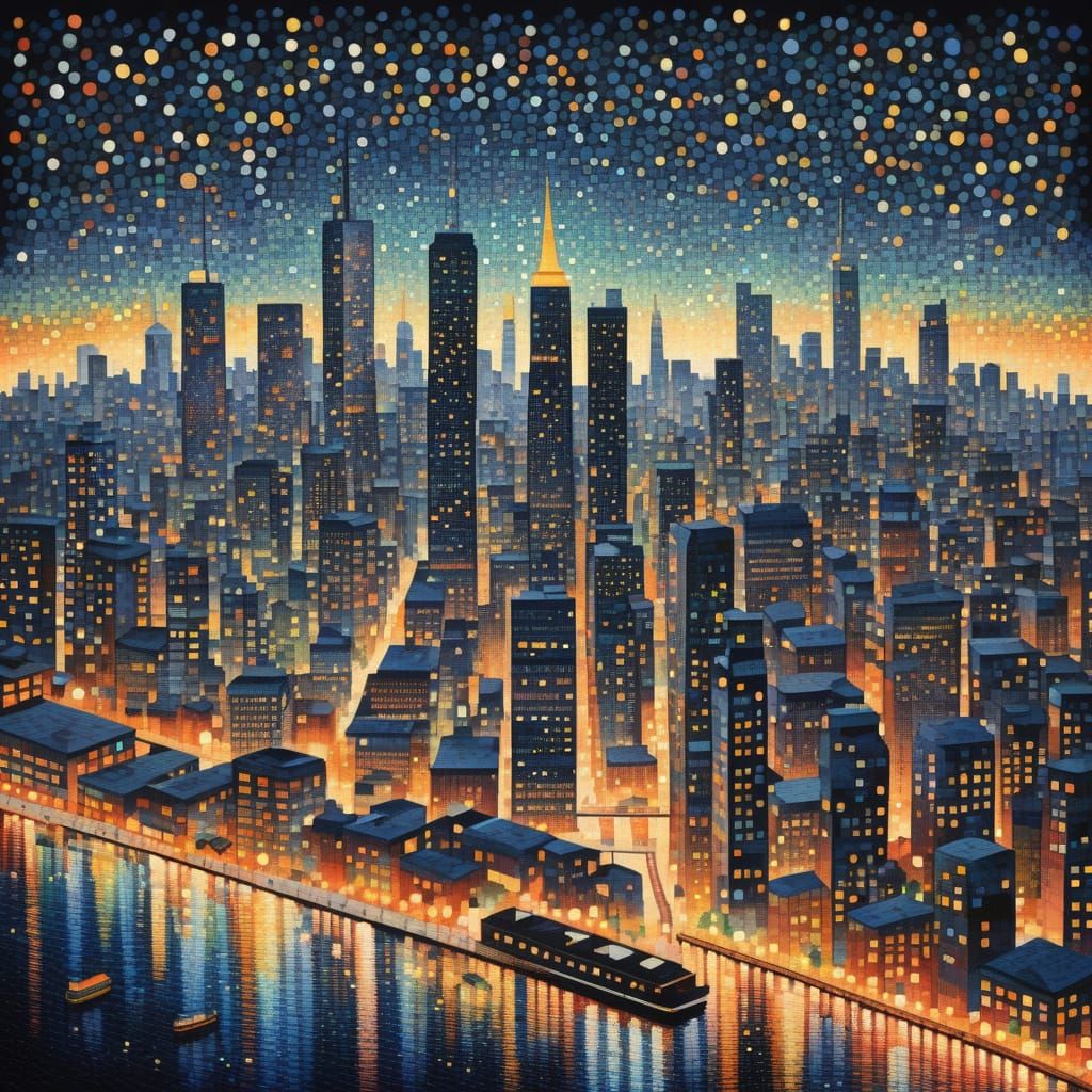 Seurat Style Cityscape at Night in Pointillism