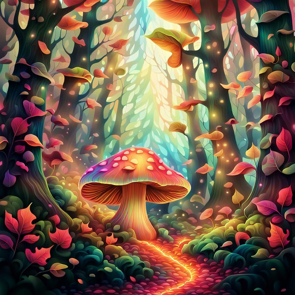 Neon Mushroom with Falling Leaves: Abstract Vector Art