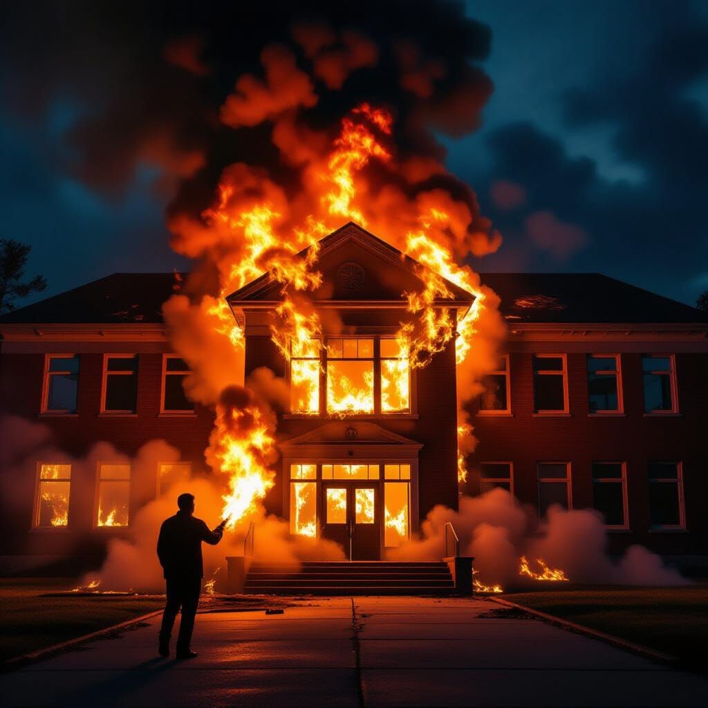Man Sets School Ablaze in Dramatic Hyperrealistic Style