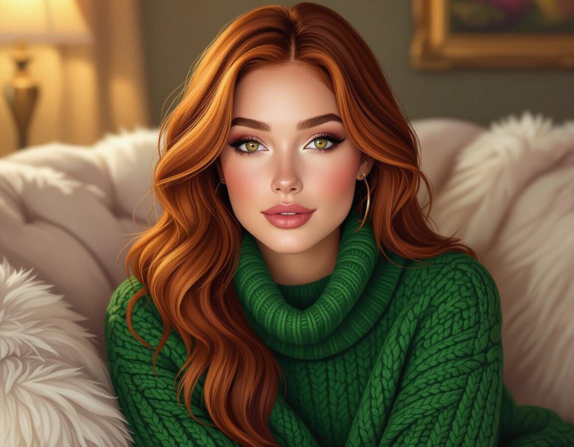 Young Woman in Green Sweater on Plush Couch, Painterly Style