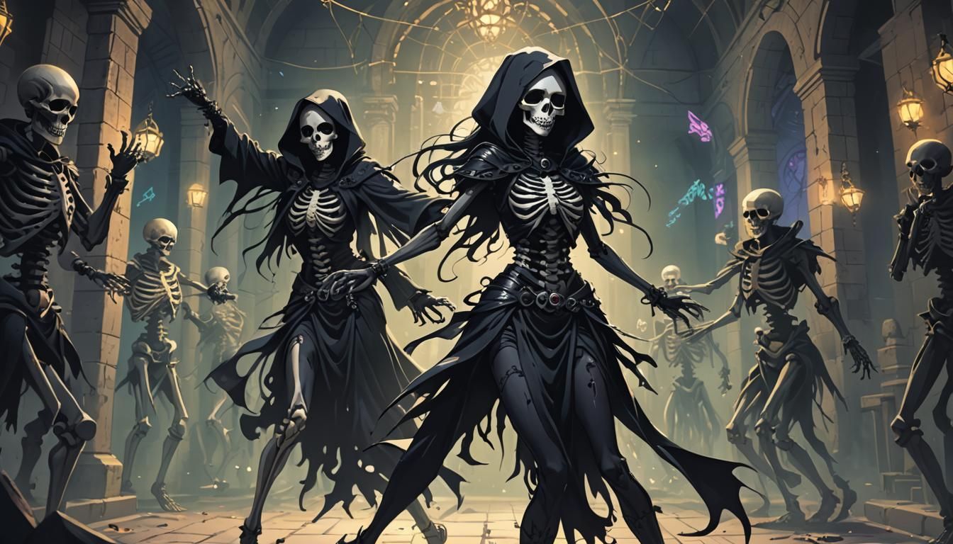 Gothic Necromancer Dancer in Crypt with Skeletons