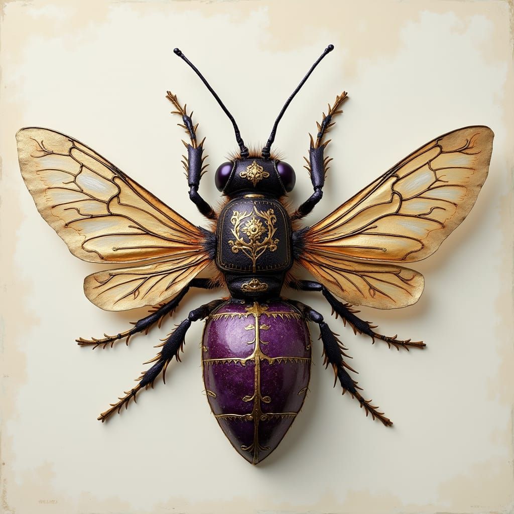 Ethereal French Toile Bee in Rich Purple with Intricate Gold...