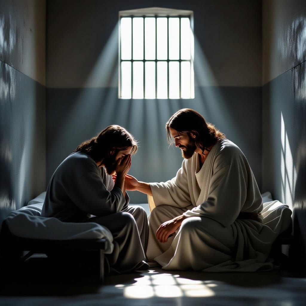 Jesus Offers Comfort to Prisoner in Stark Cell, Photorealist...
