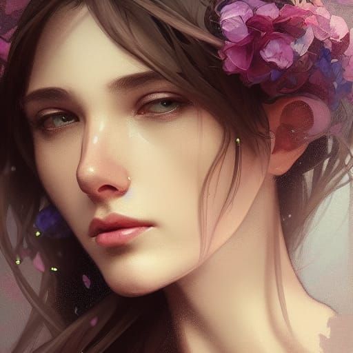 Intricate Flower Girl Portrait in Art Nouveau Style