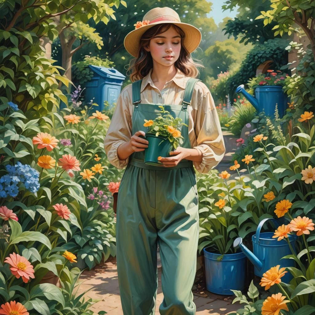 Lush Garden Scene with Recycling Bin as Digital Art