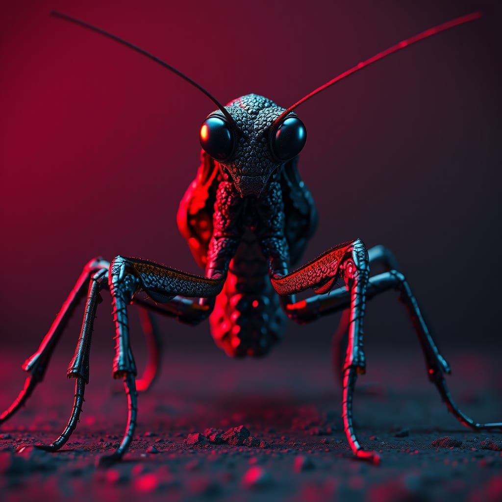 A hyper-detailed surreal sculpture of a praying mantis, full-body view from a straight-on perspective. Its entire exoske...