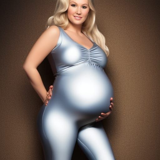 Pregnant Blonde in Silver Catsuit Portrait