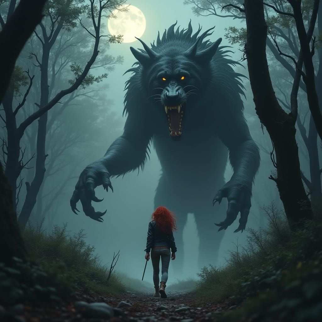 Gothic Female Figure Confronted by Hellhound in Misty Forest...