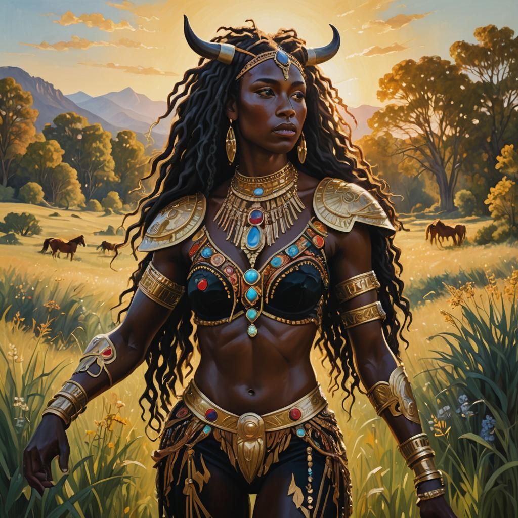 Regal Black Centaur Woman in Sunlit Meadow as Oil Painting