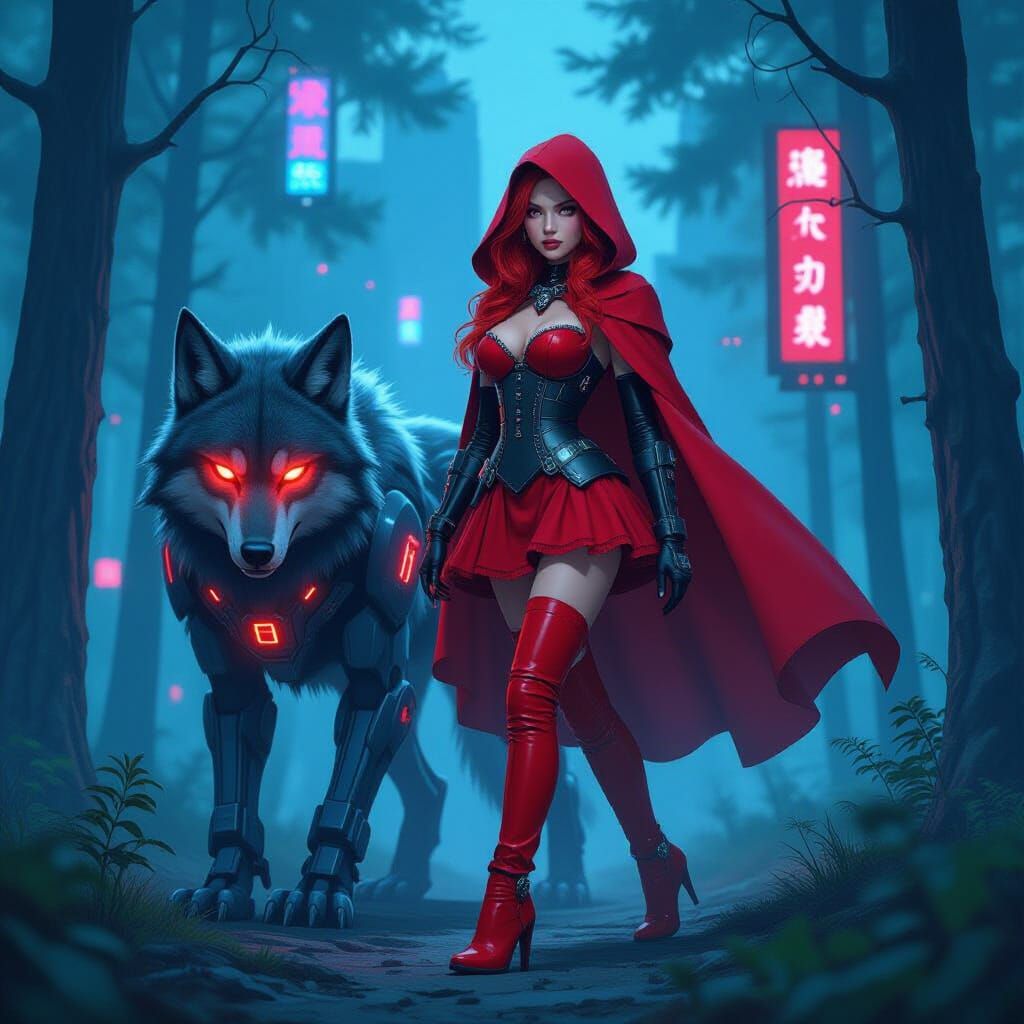 Cyberpunk Little Red Riding Hood in Dystopian Forest