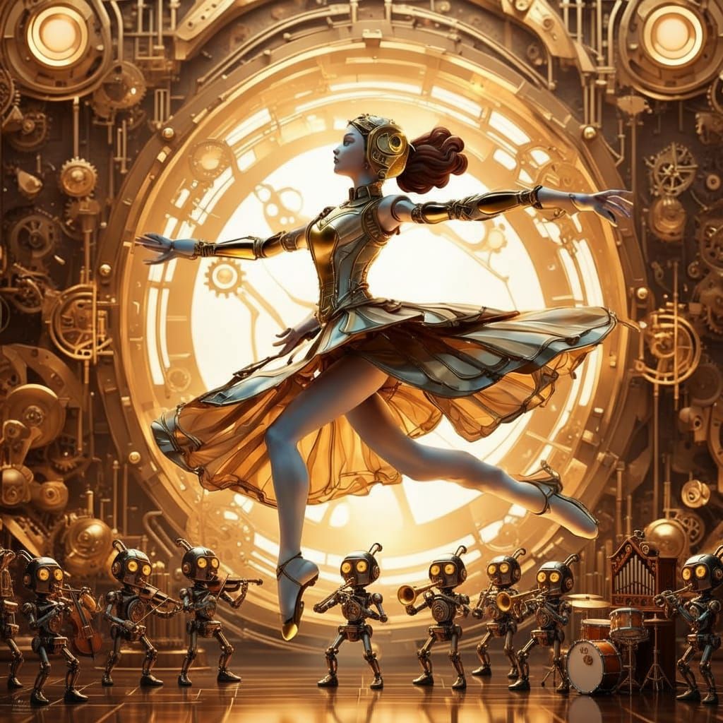 Steampunk Android Ballerina Mid-Leap in 3D Anime Style