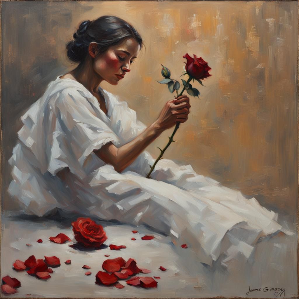Woman with Rose in Tonal Oil Painting