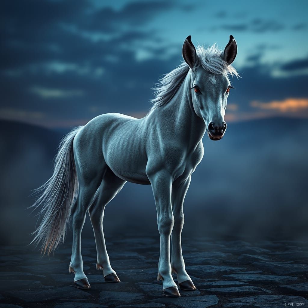 Ash-Gray Foal Under Twilight Sky in Fantasy Style