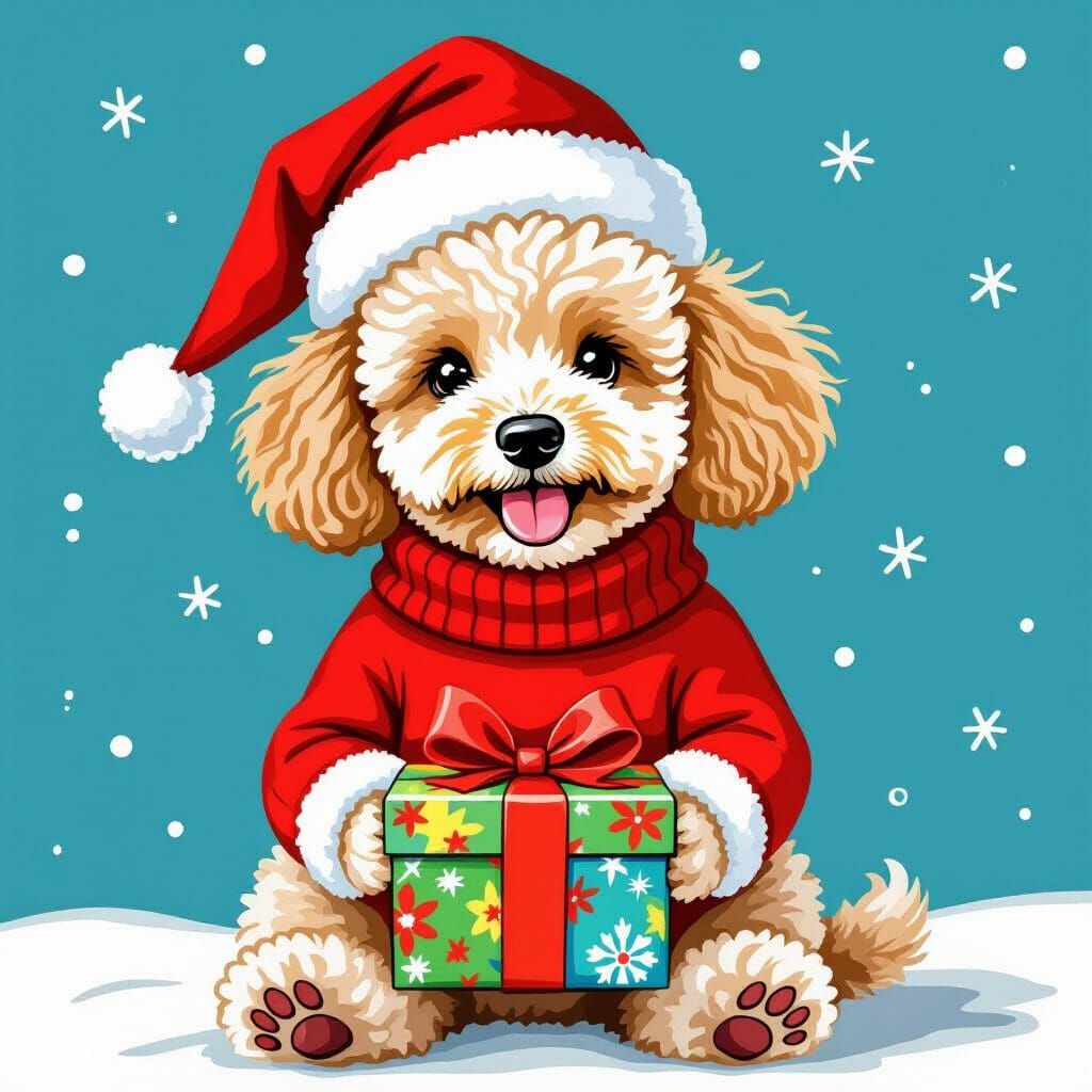 Cute Poodle in Santa Hat With Christmas Present