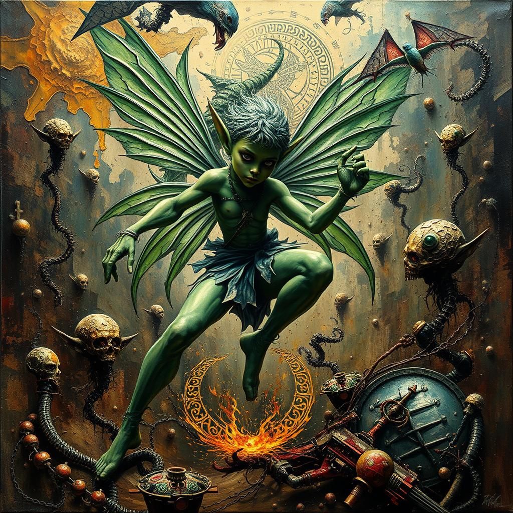 Green Fairy Elf in Art Deco Impasto Style