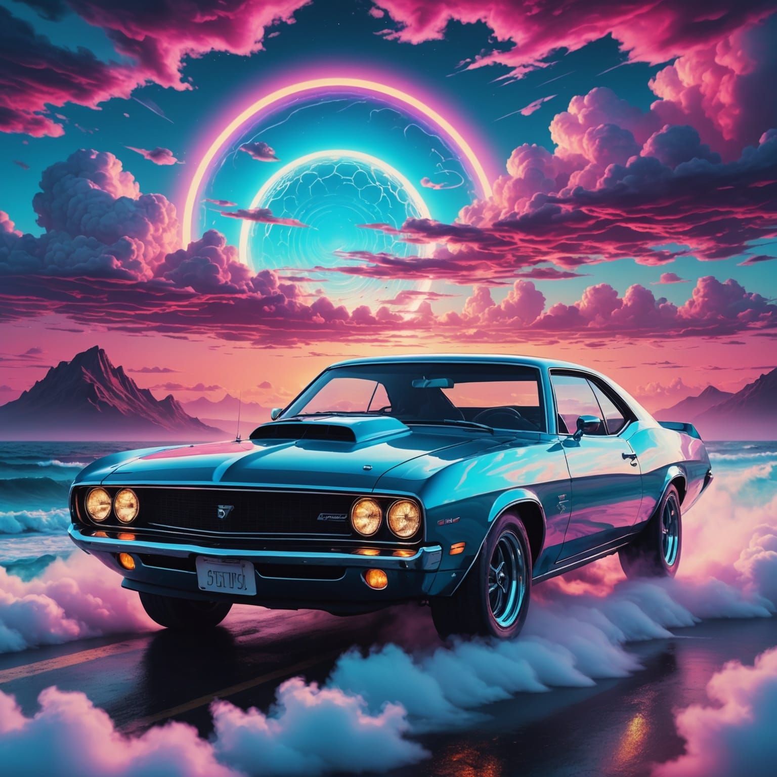 Muscle Car Cruises on Clouds in Synthwave Style