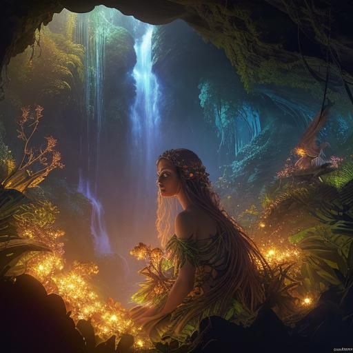 Fairy in Jungle Flower Cave at Sunset: CGI Render
