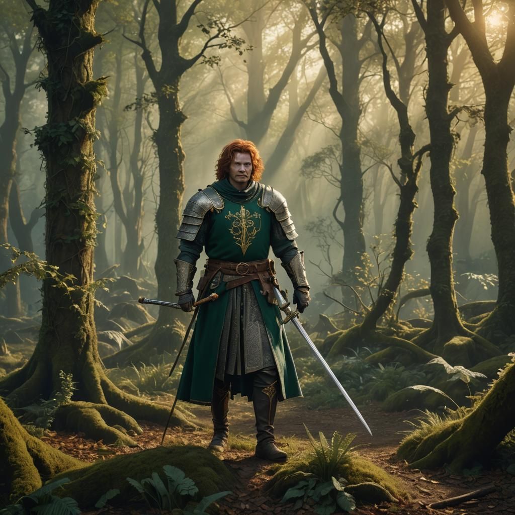 Medieval Warrior in Mystical Forest: Fantasy Matte Painting