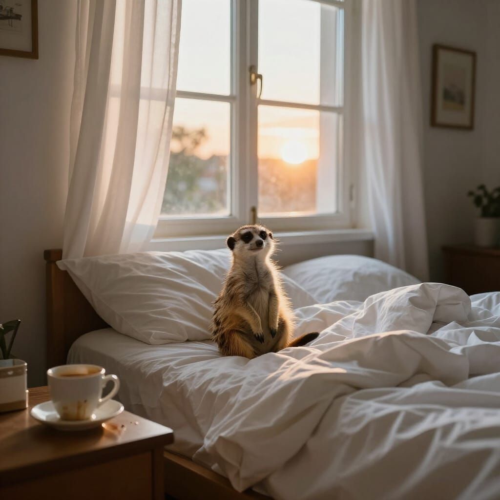 Mischievous Meerkat in Bed at Sunrise