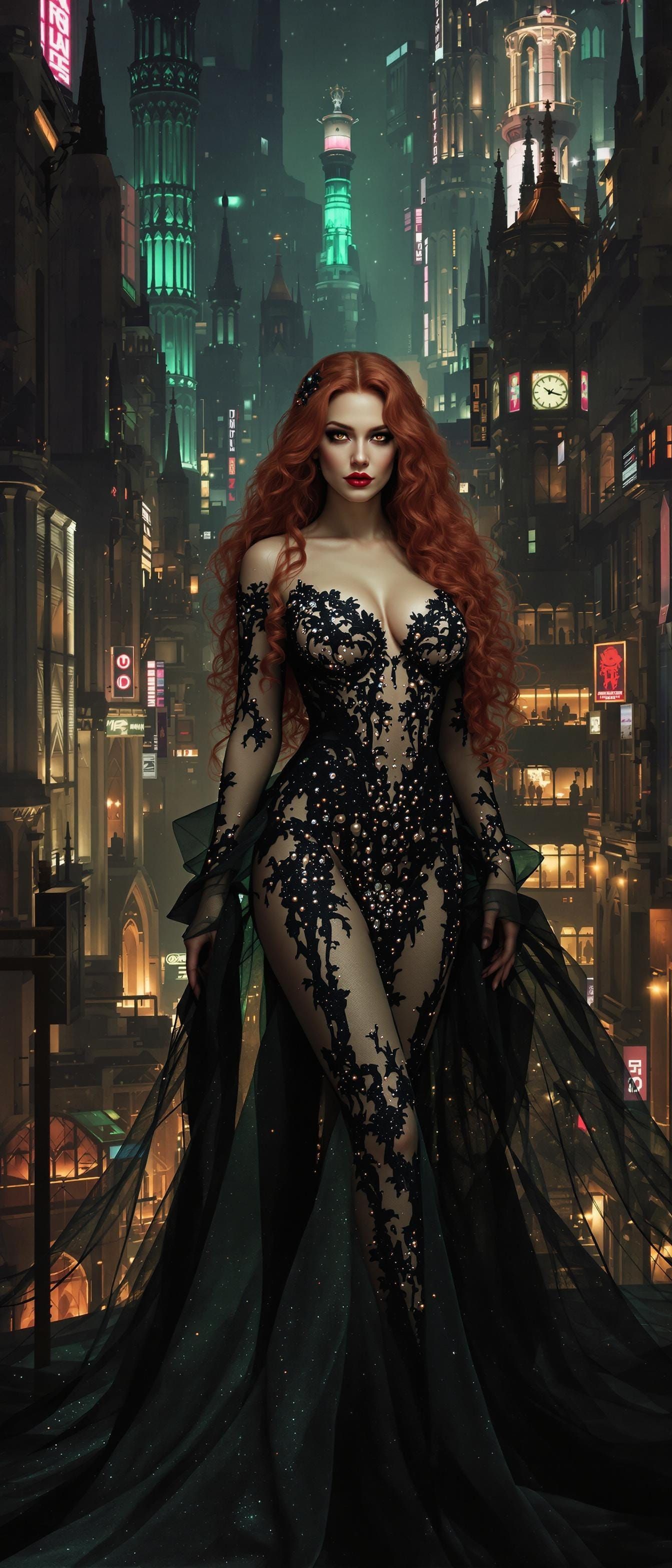 Cyberpunk Vampire Queen in Iridescent Gown