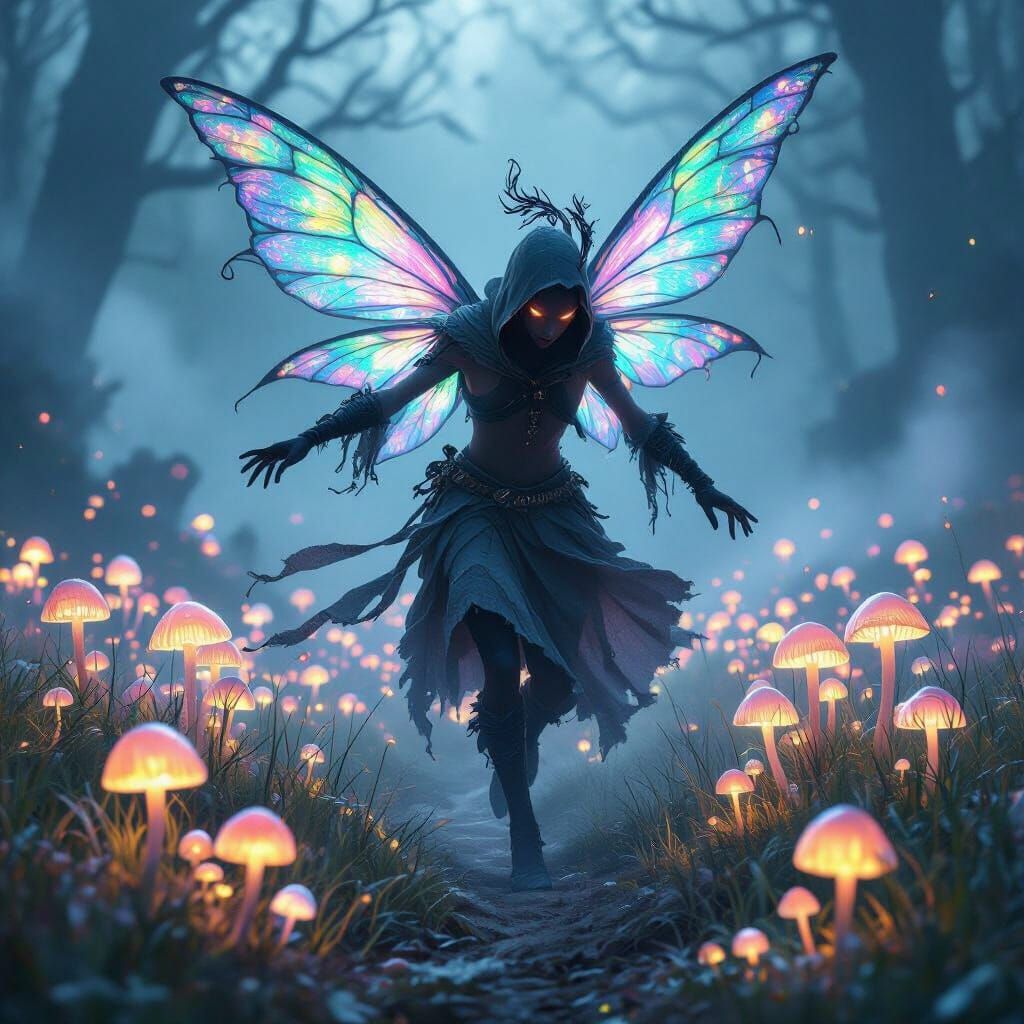 Eerie Pixie Dance Among Bioluminescent Mushrooms