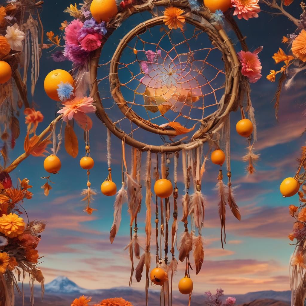 Dreamcatcher Filled With Oranges in Surreal Landscape
