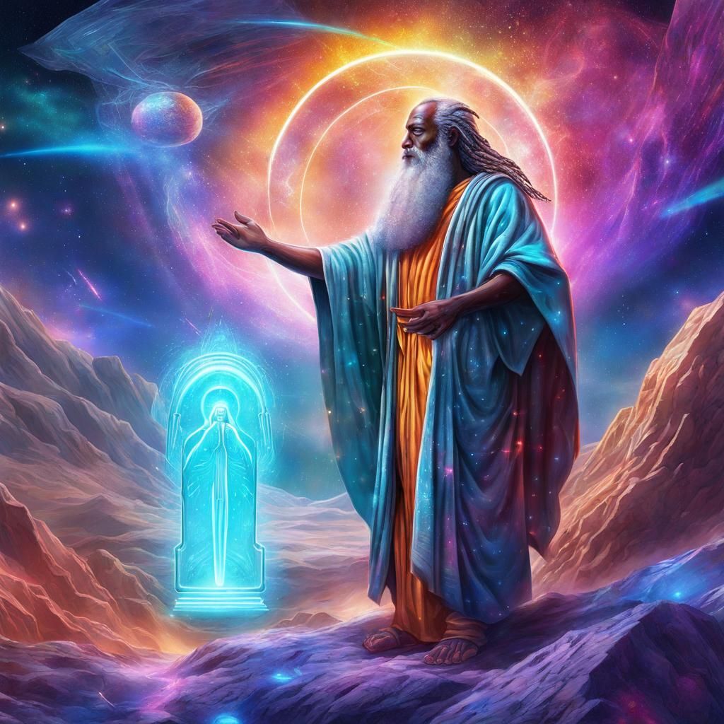 Moses Receives Commandments in Sci-Fi Holographic Illustrati...