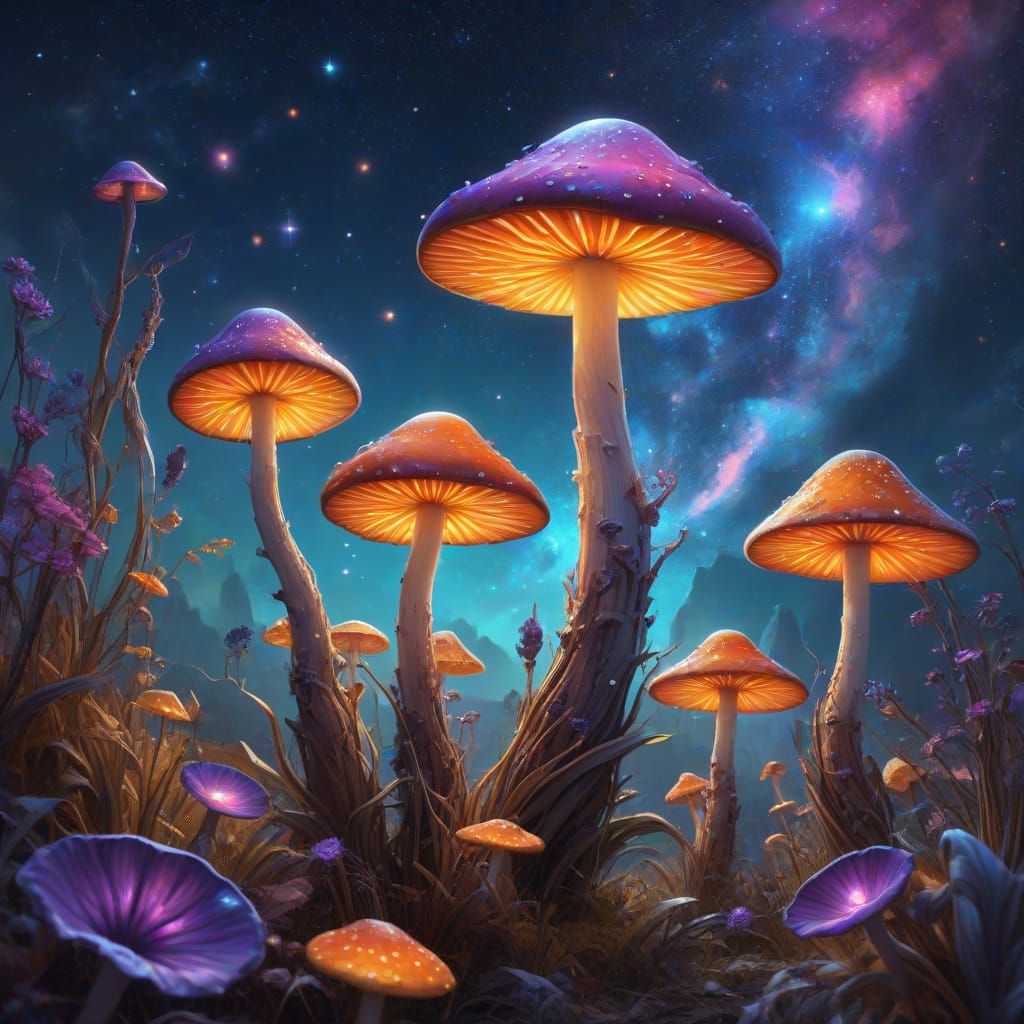 Candy Mushrooms Grow in Iridescent Corn Field Under Nebula S...
