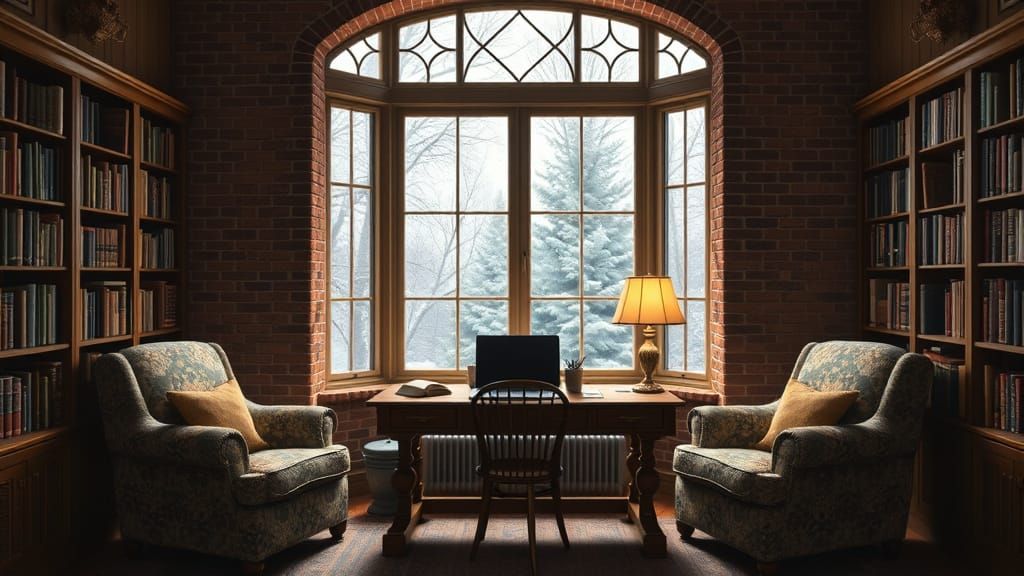 Victorian Library with Snowy View and Cozy Ambiance