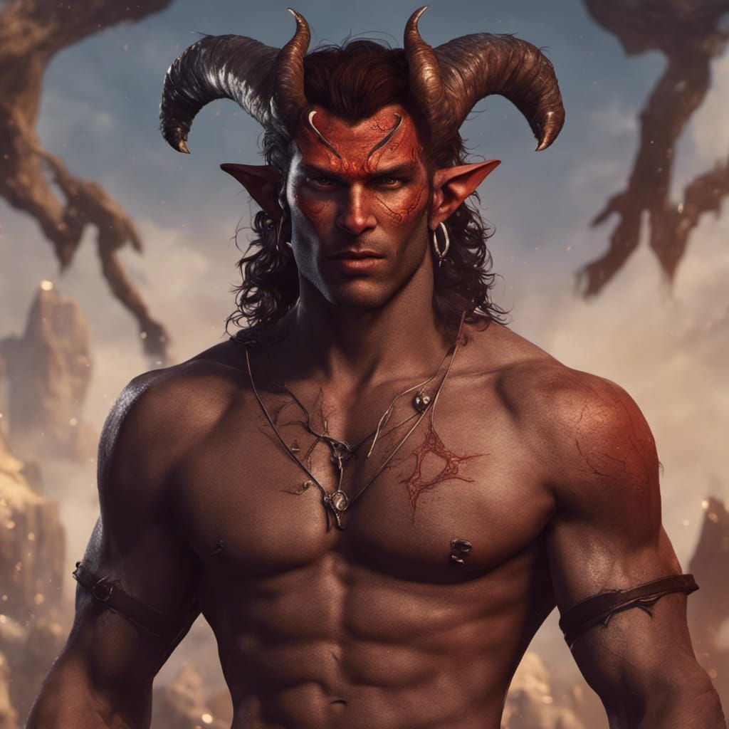 Shirtless Male Tiefling Concept Art in 8k