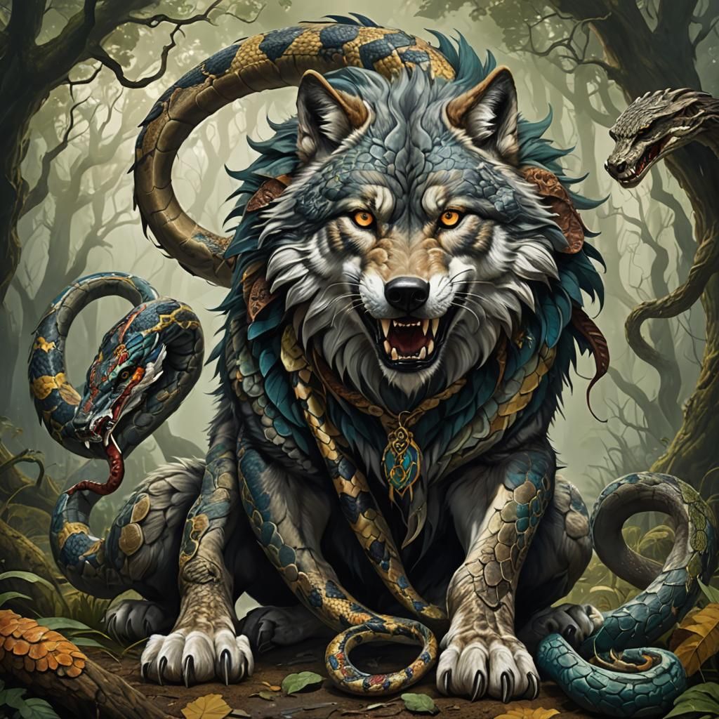 Surreal Wolf-Snake Hybrid Creature, Detailed Fantasy Art