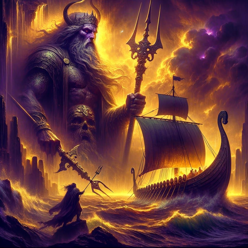 Njord Watches Burning Longship in Dark Fantasy Art