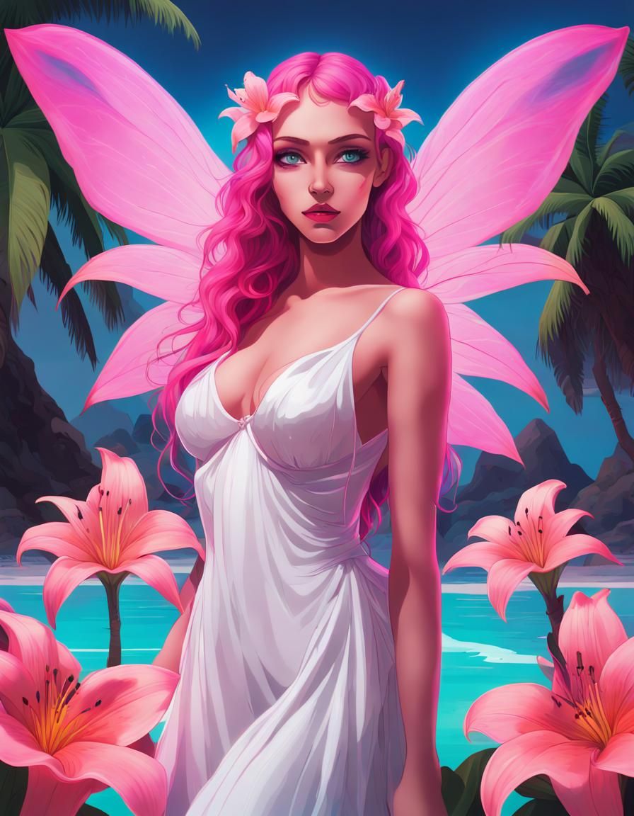 Magical Lilies and Fairy on Tropical Beach