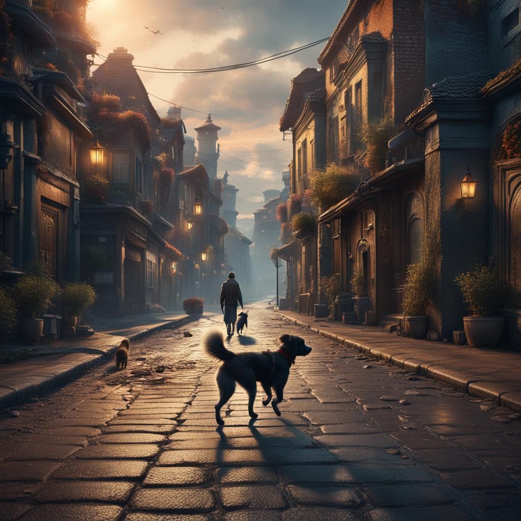 Dog Follows Owner: Detailed Matte Painting