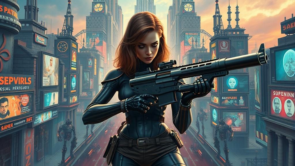 Gun-Toting Temptress in Escher-Inspired Metropolis