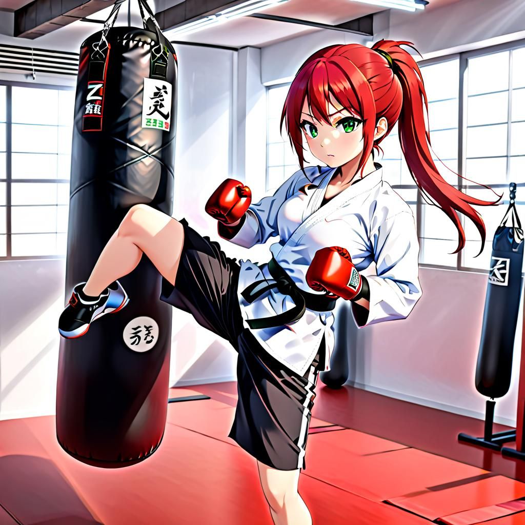 Anime Karate Student Kicks Boxing Bag