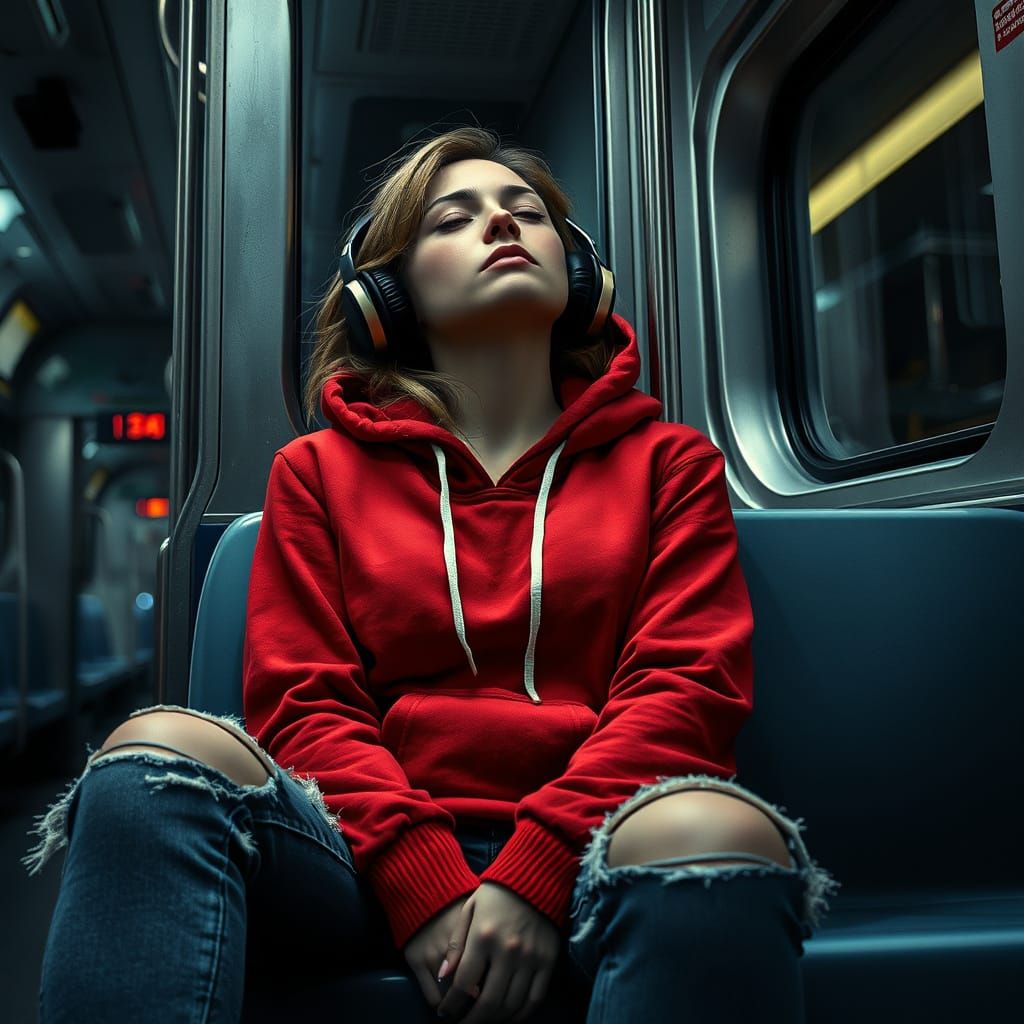 Woman on Subway: Hyperrealistic Atmospheric Portrait