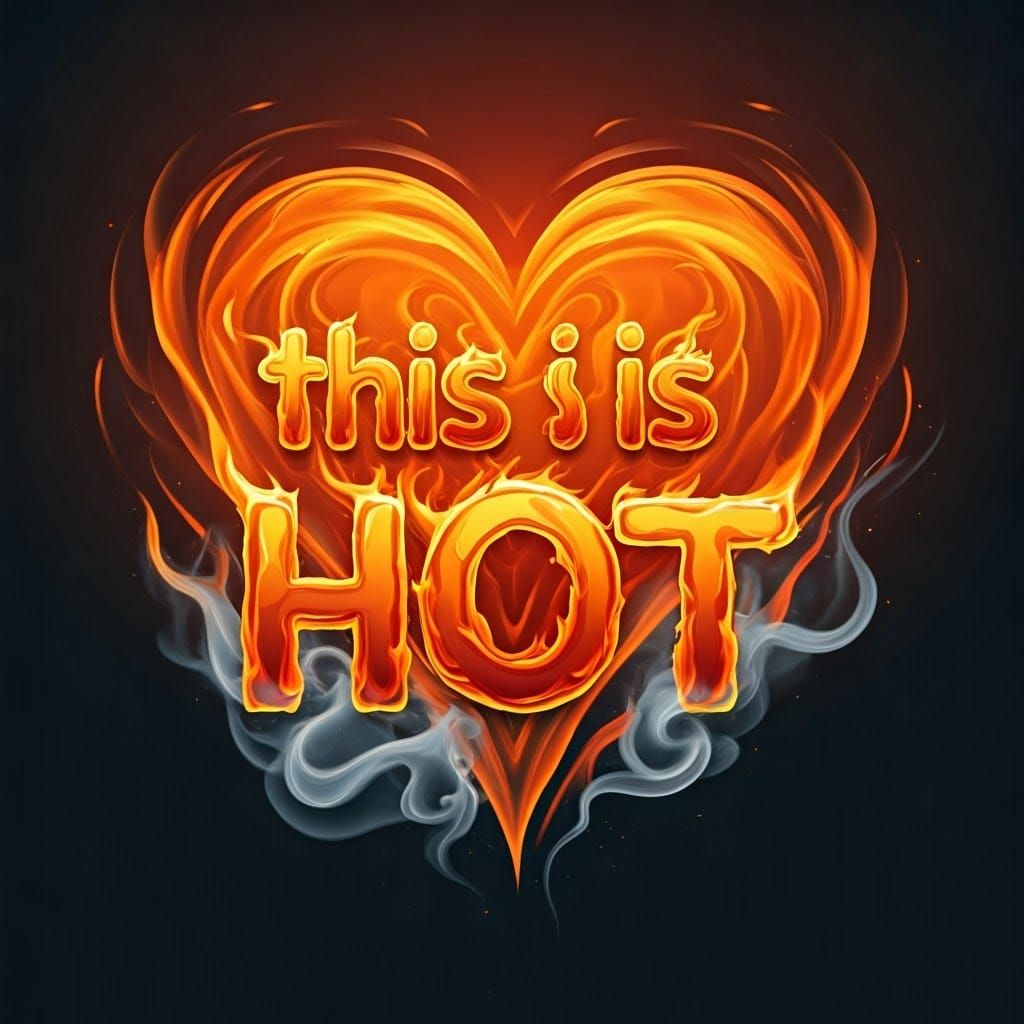 Generate a large logo with the text 'this is HOT' formed by LICKING ORANGE AND YELLOW FLAMES WITH wispy white smoke trai...