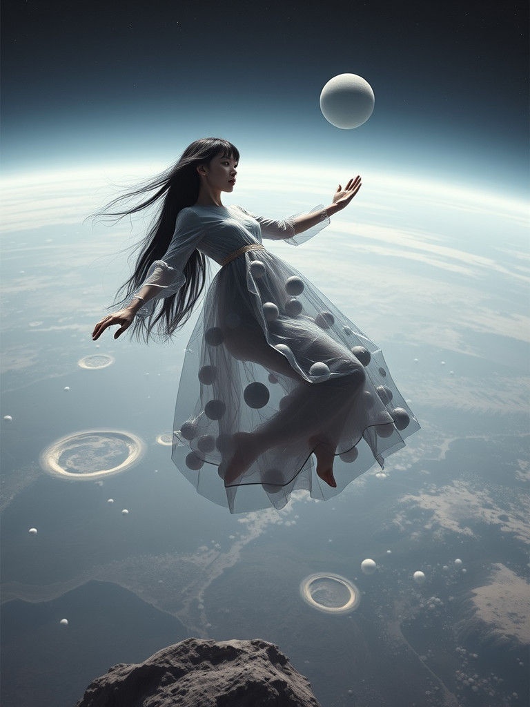 Surreal Figure Leaps From Earth in Futuristic Scene