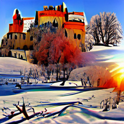 Sunlit Frozen Castle in Winter Landscape
