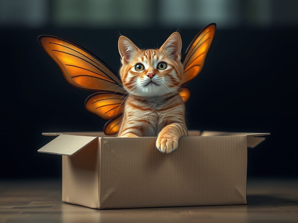 Ginger Cat with Firefly Wings in Cardboard Box