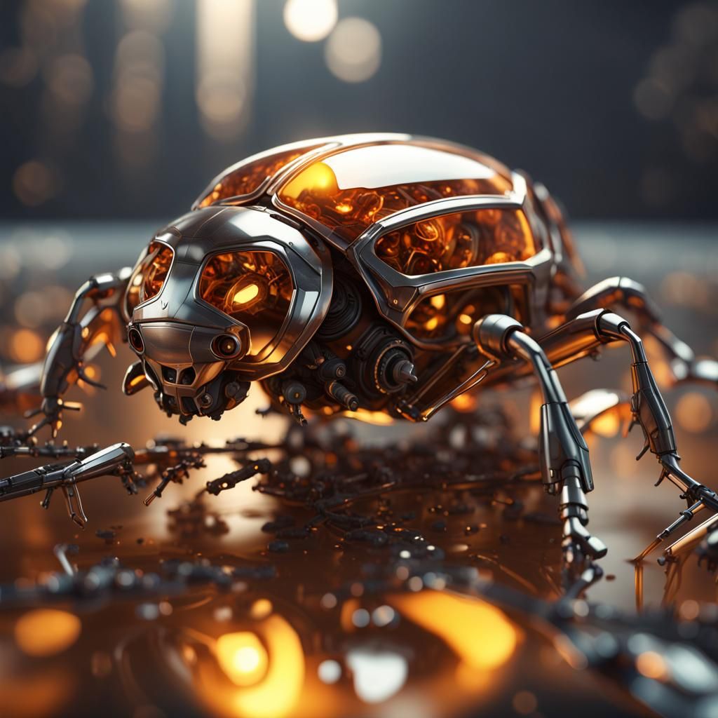 Beetle encased in the middle of an amber stone, intricate mech details, ground level shot, 8K resolution, Cinema 4D, Beh...