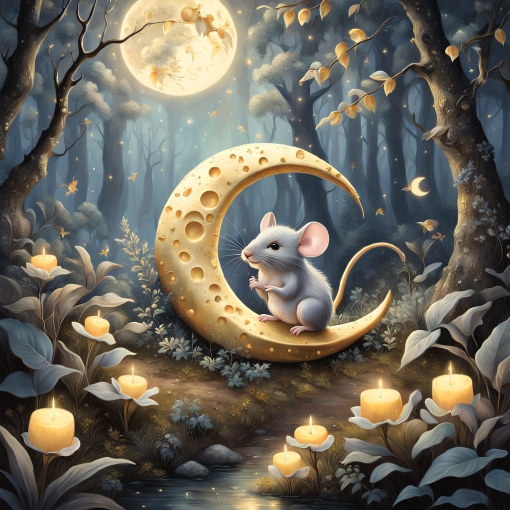 Whimsical Dreamy Forest Scene with Mouse and Shimmering Moon