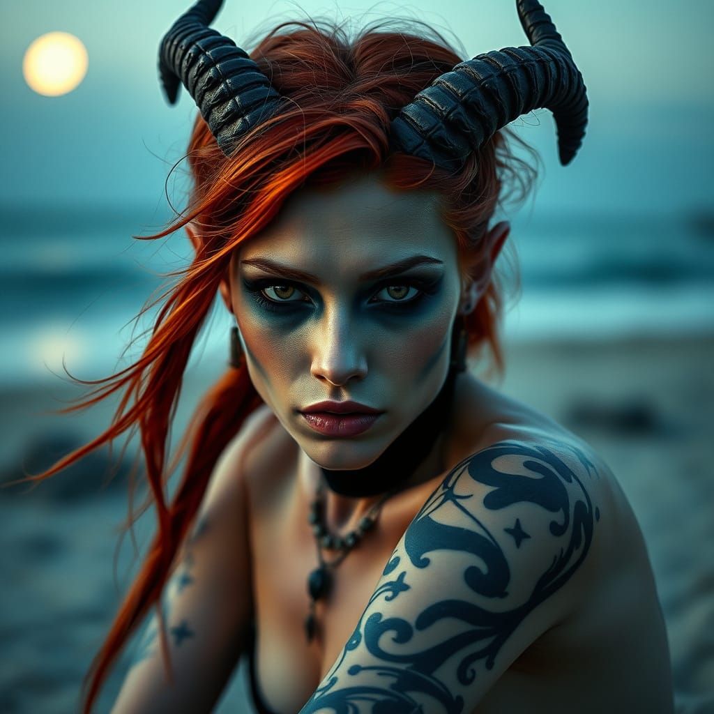 Artistic Portrait of a Red-Haired She-Devil on Beach