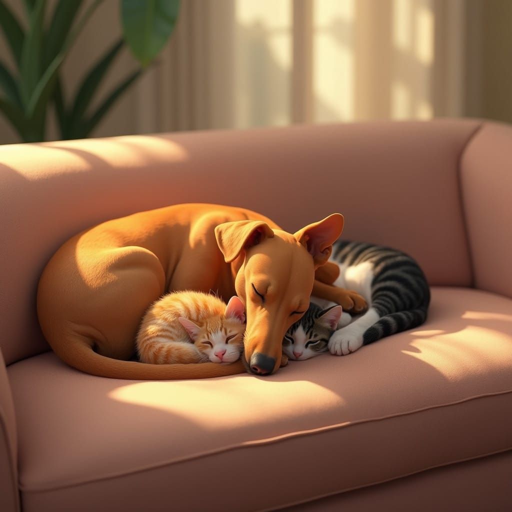 Serenely Sleeping Podenco Surrounded by Feline Friends