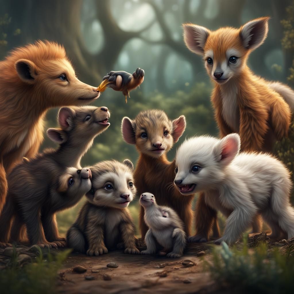 Cute Baby Animals Playing: Fantasy Concept Art